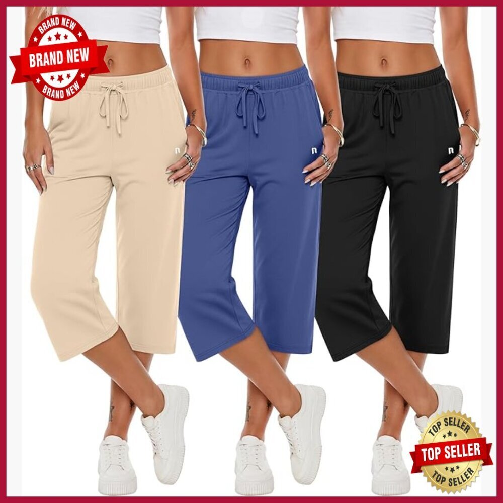3 Pack Women's Capri Sweatpants, Wide Leg Lounge Pants with Pockets